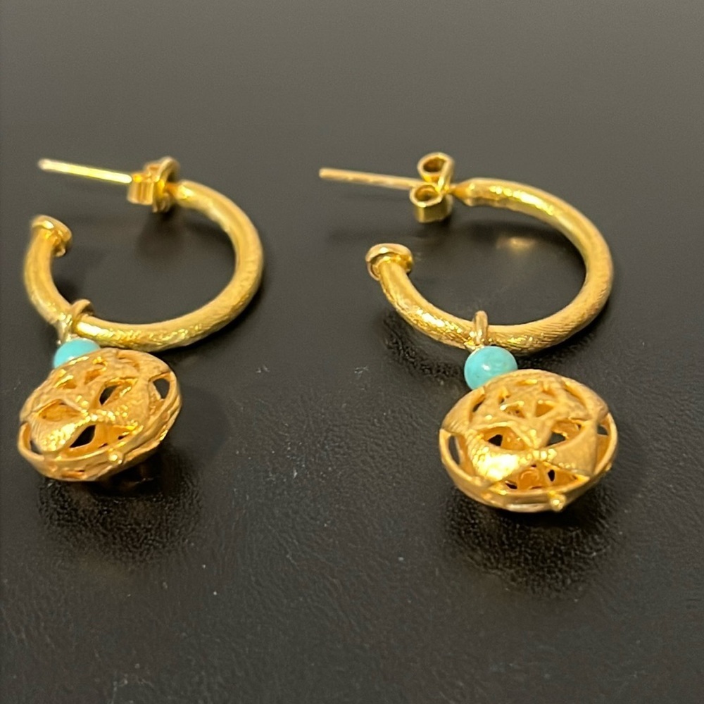 Azaara Gold & Turquoise drop hoop dangle earrings High Quality